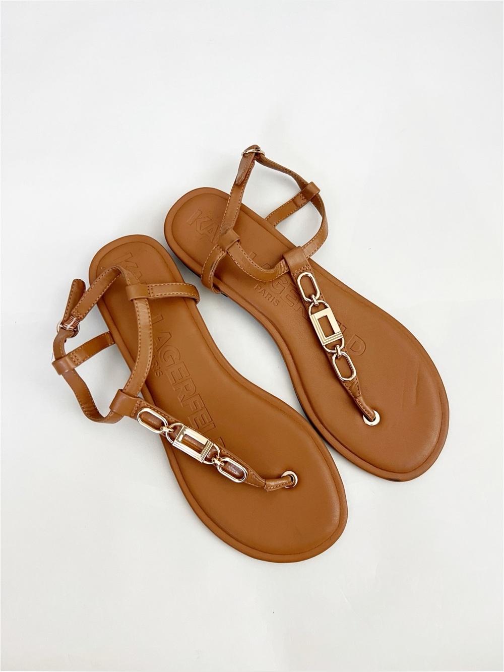 Karl Lagerfeld Brown Faux Leather T-Strap Sandals with Gold Hardware 9